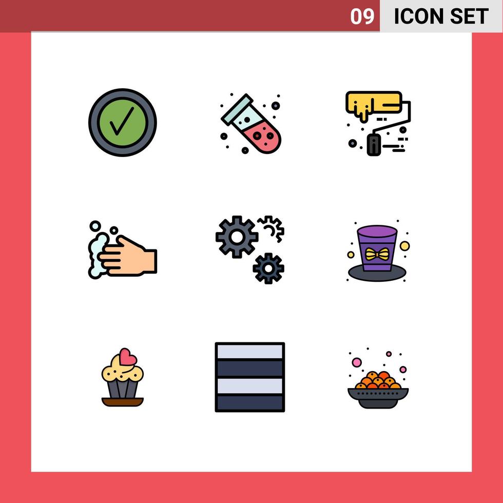 Piktogrammsatz von 9 einfachen gefüllten flachen Farben der Vorliebenkonfiguration Farbwalzenwäsche handbearbeitbare Vektordesignelemente vektor