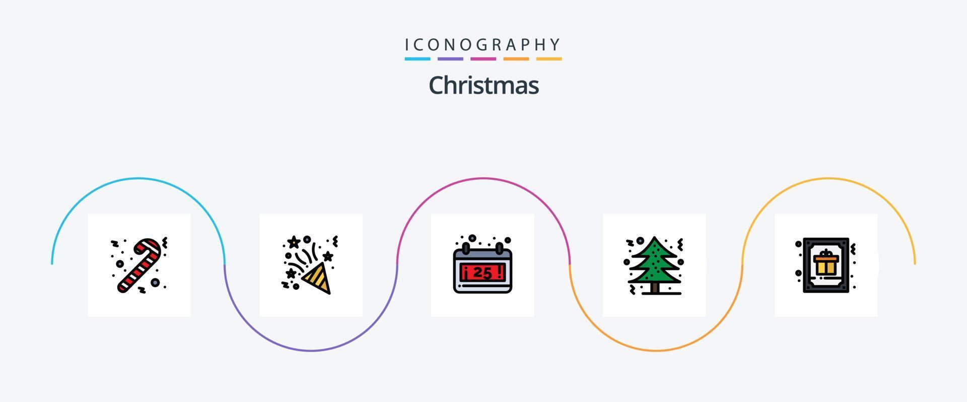 jul linje fylld platt 5 ikon packa Inklusive hälsning. dekoration. datum. jul. träd vektor