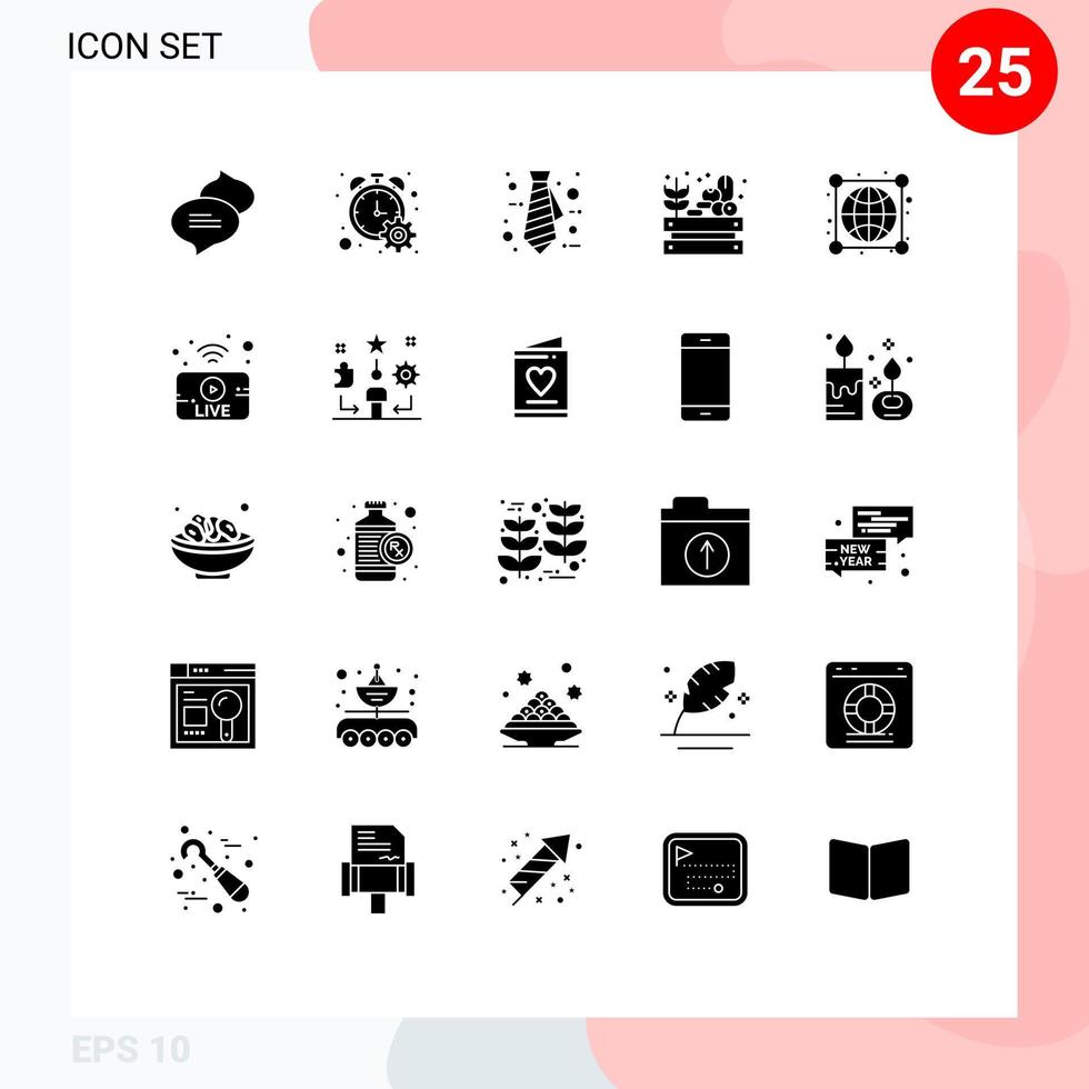 mobil gränssnitt fast glyf uppsättning av 25 piktogram av anslutningar klot kontor jord mat redigerbar vektor design element