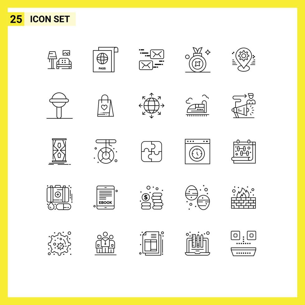 Aktienvektor-Icon-Pack mit 25 Zeilenzeichen und Symbolen für bearbeitbare Vektordesign-Elemente für Kartenausrüstungspostabzeichen-Auszeichnungsabzeichen vektor