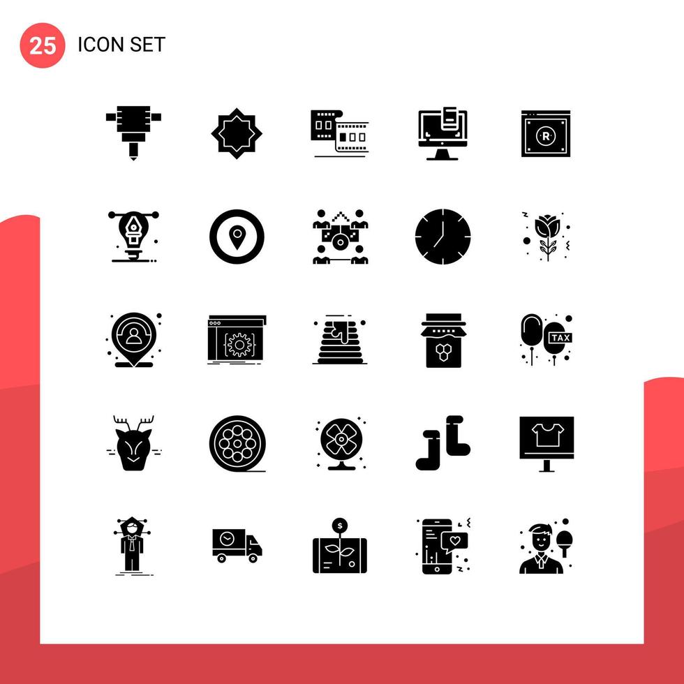 25 universelle solide Glyphen für Web- und mobile Anwendungen Gesetz Copyright Film Business Monitor editierbare Vektordesign-Elemente vektor