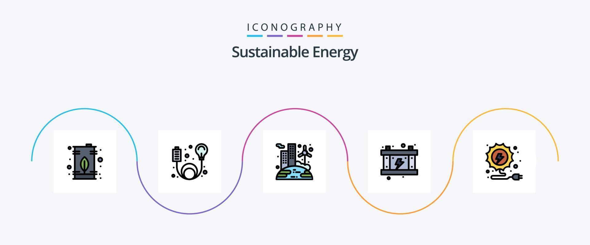 hållbar energi linje fylld platt 5 ikon packa Inklusive elektricitet. kraft. energi. energi. vind vektor