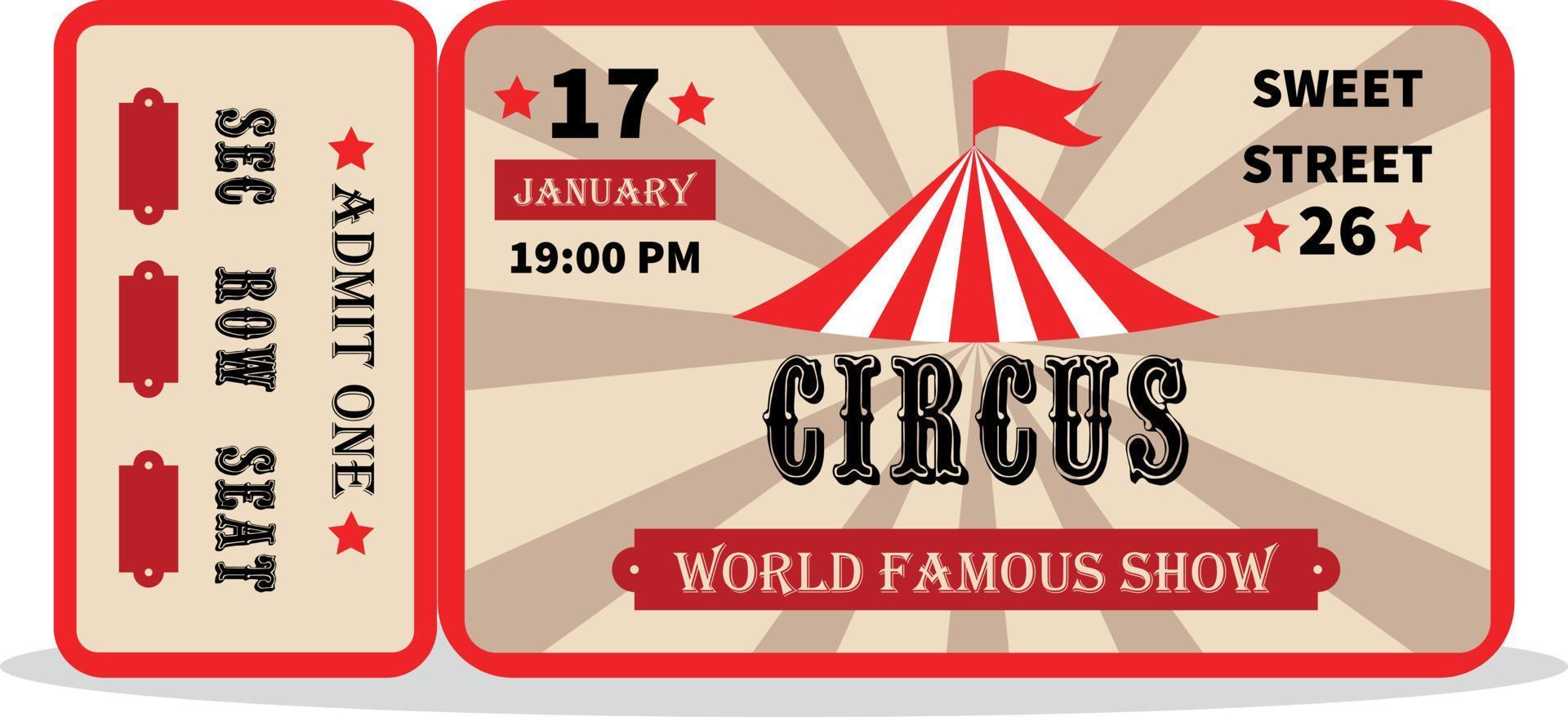 årgång cirkus biljett. erkänna ett kupong. illustration av en årgång och retro design cirkus biljett. vektor cirkus lyx hälsning kort illustration.