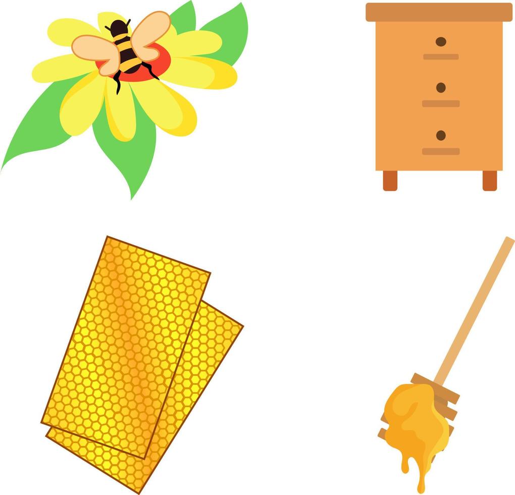 bi skörda från bigård, bi och honung uppsättning vektor illustration, vaxkaka från bin