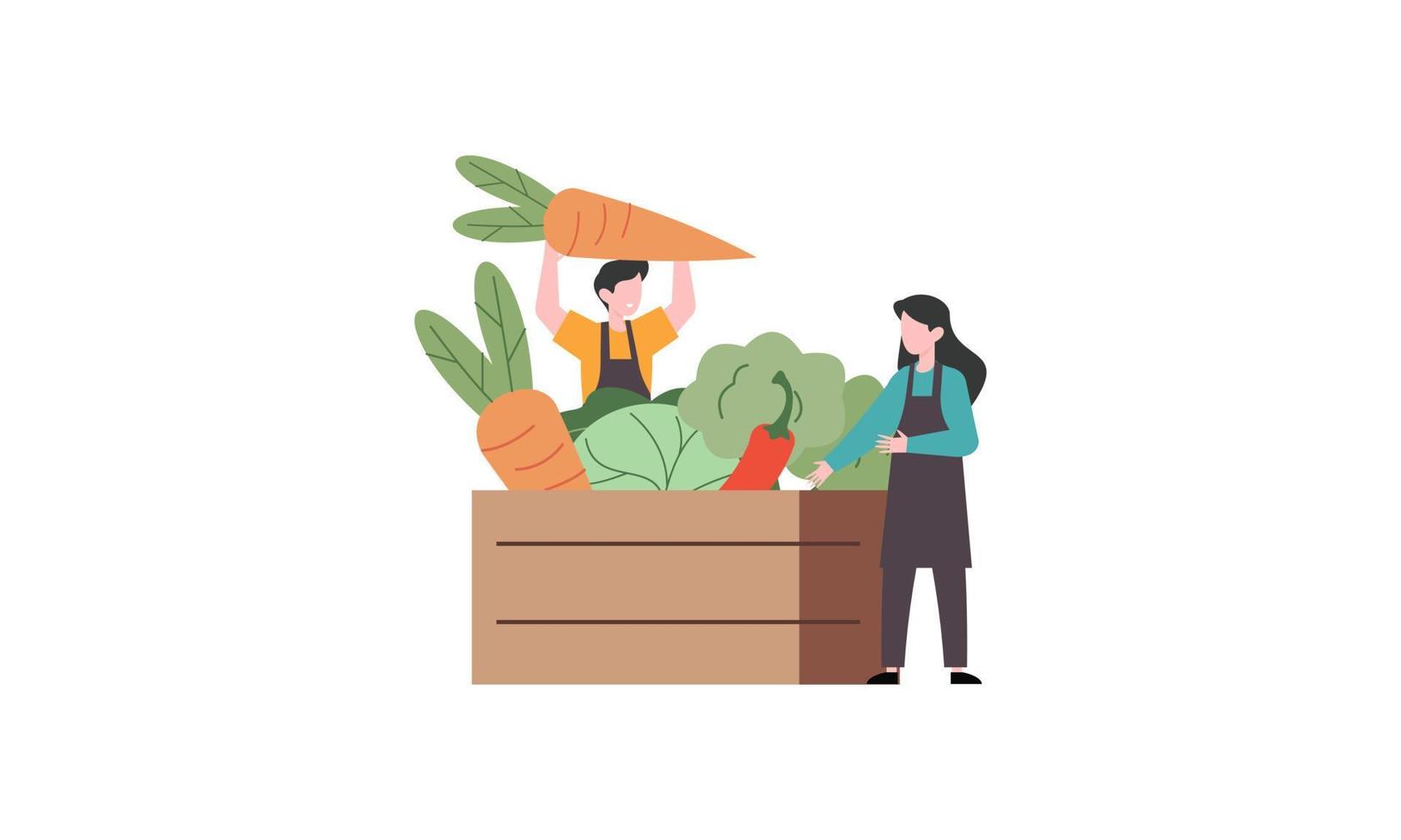 mycket liten jordbrukare och försäljning färsk bruka grönsaker till köpare illustration begrepp vektor