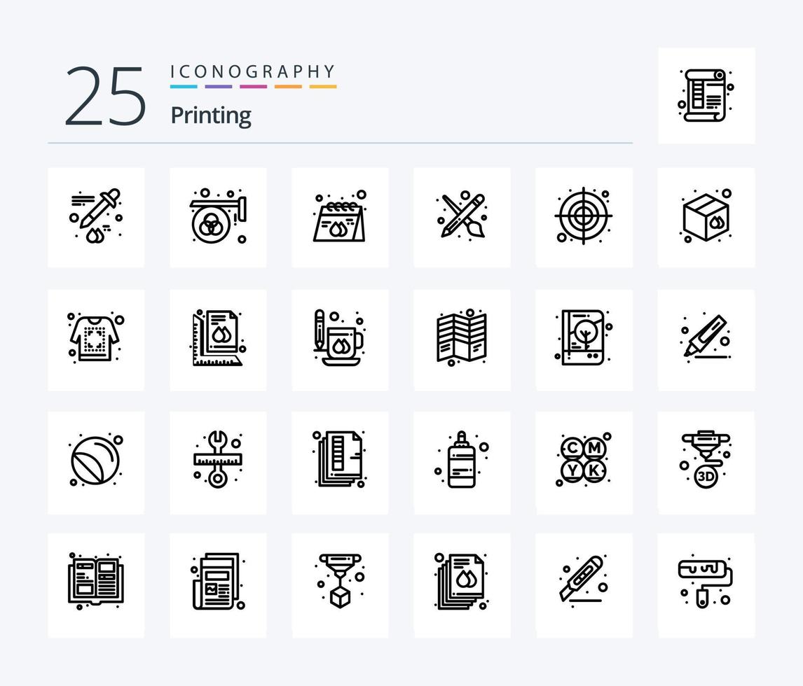 Drucken eines 25-zeiligen Icon-Pakets einschließlich Rundschreiben. Werkzeug. Anzeige. Farbe. Produkt vektor