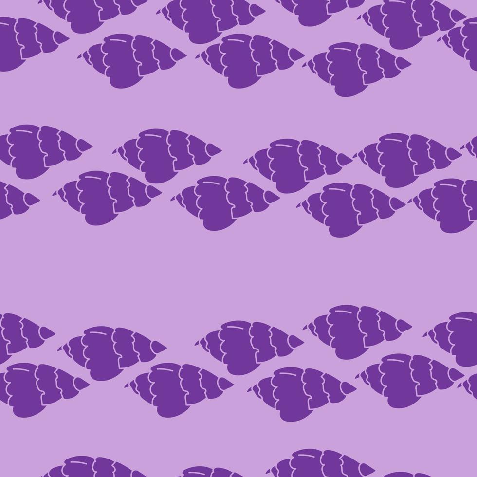 Nahtlose Mustersilhouetten von Weichtieren mit Spiralschale, lila Muscheln auf hellviolettem Hintergrund vektor