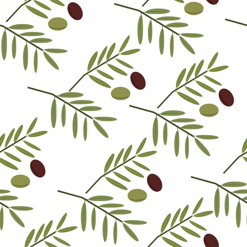 Zweige mit Blättern und Früchten von Oliven nahtlose Muster auf weißem Hintergrund vektor