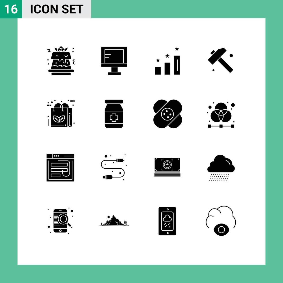 grupp av 16 fast glyfer tecken och symboler för natur eco analys väska hammare redigerbar vektor design element