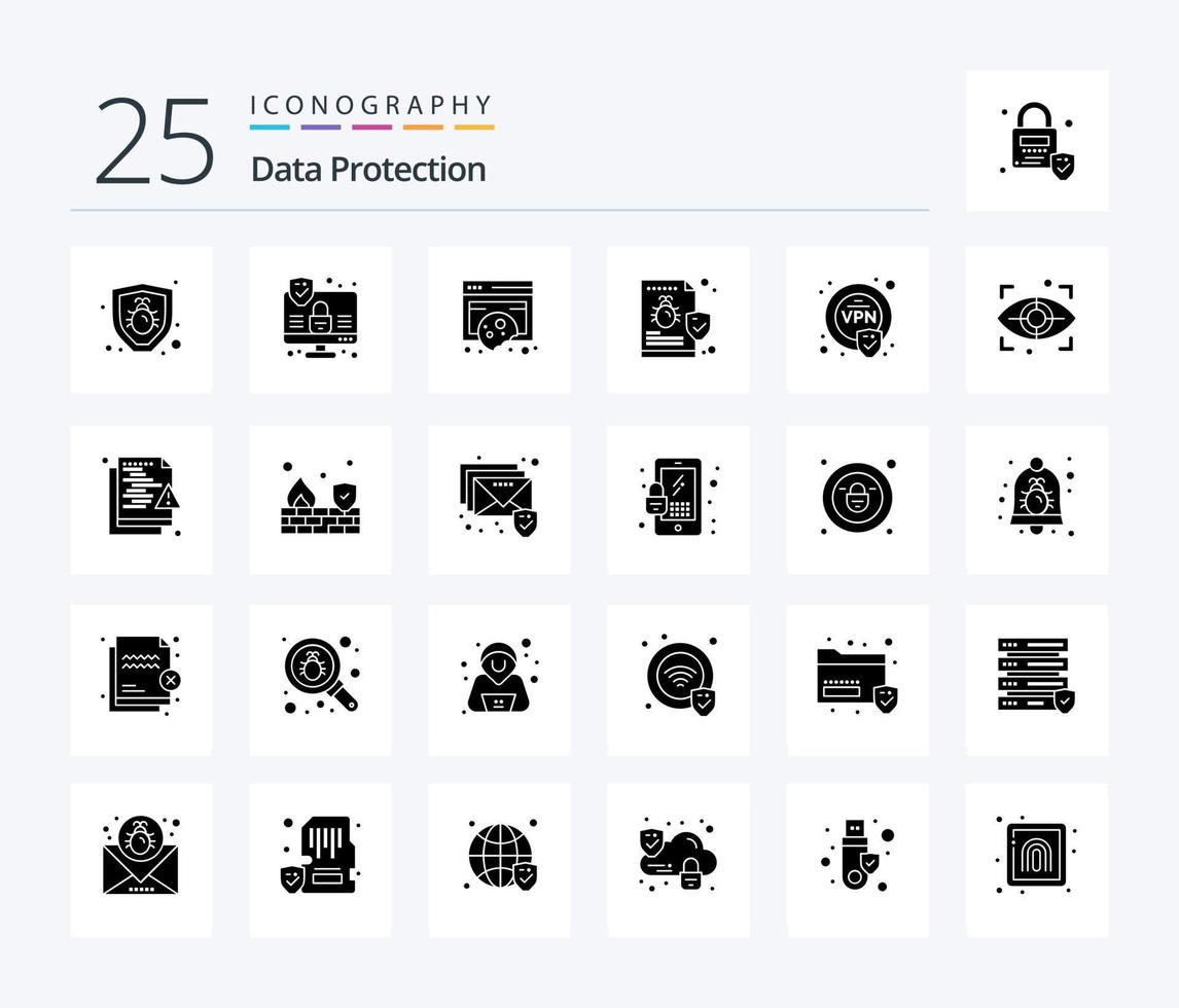 Datenschutz 25 Solid Glyph Icon Pack inklusive Sicherheit. Virus. Daten. Sicherheit. Datei vektor