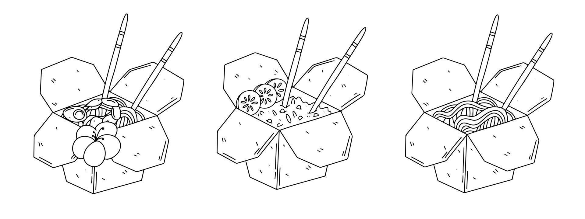 satz traditioneller asiatischer speisen in papierschachteln im handgezeichneten gekritzelstil. Vektor-Illustration. vektor