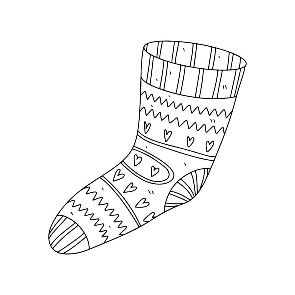 Socke mit Herzmuster im handgezeichneten Doodle-Stil. vektorillustration für kindermalbuch. vektor