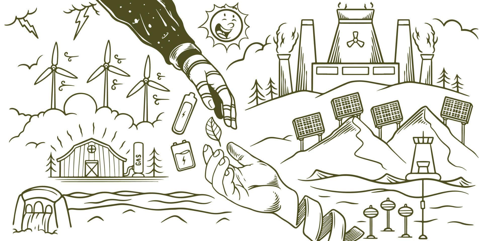 hand gezeichnet von save earth erneuerbare energien ökologie doodle set elemente. vektor