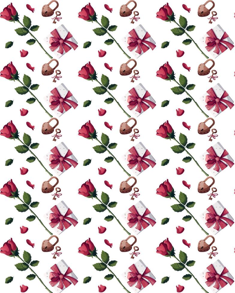 nahtloses muster mit roten rosen, blättern, geschenkbox. glücklicher valentinstag, romantik, liebeskonzept. perfekt für Produktdesign, Scrapbooking, Textilien, Geschenkpapier. vektor