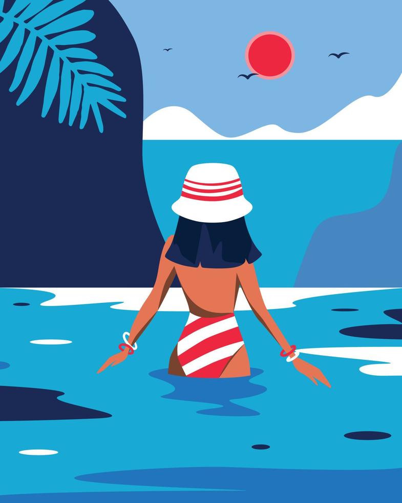 vektor grafik illustration design en flicka utan en ansikte i en bikini i natur på semester simmar i en sjö eller hav ljus illustration blå röd