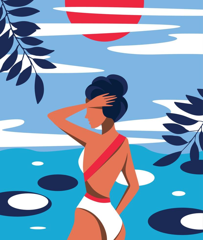 Vektorgrafik-Illustrationsdesign ein Mädchen ohne Gesicht in einem Bikini-Badeanzug in der Natur im Urlaub schwimmt in einem See oder Meer helle Illustration blau rot vektor