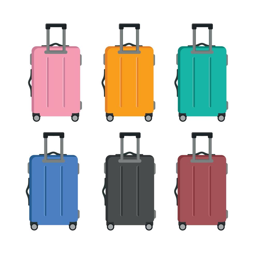 vektor illustration uppsättning gul blå grön rosa resväska annorlunda färger bagage för resa isolerat på vit bakgrund