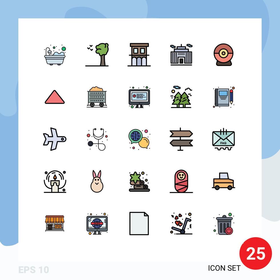 25 universelle, gefüllte Linien-Flachfarben für Web- und mobile Anwendungen Pfeil-Webcam-Hauskamera-Geschäft editierbare Vektordesign-Elemente vektor