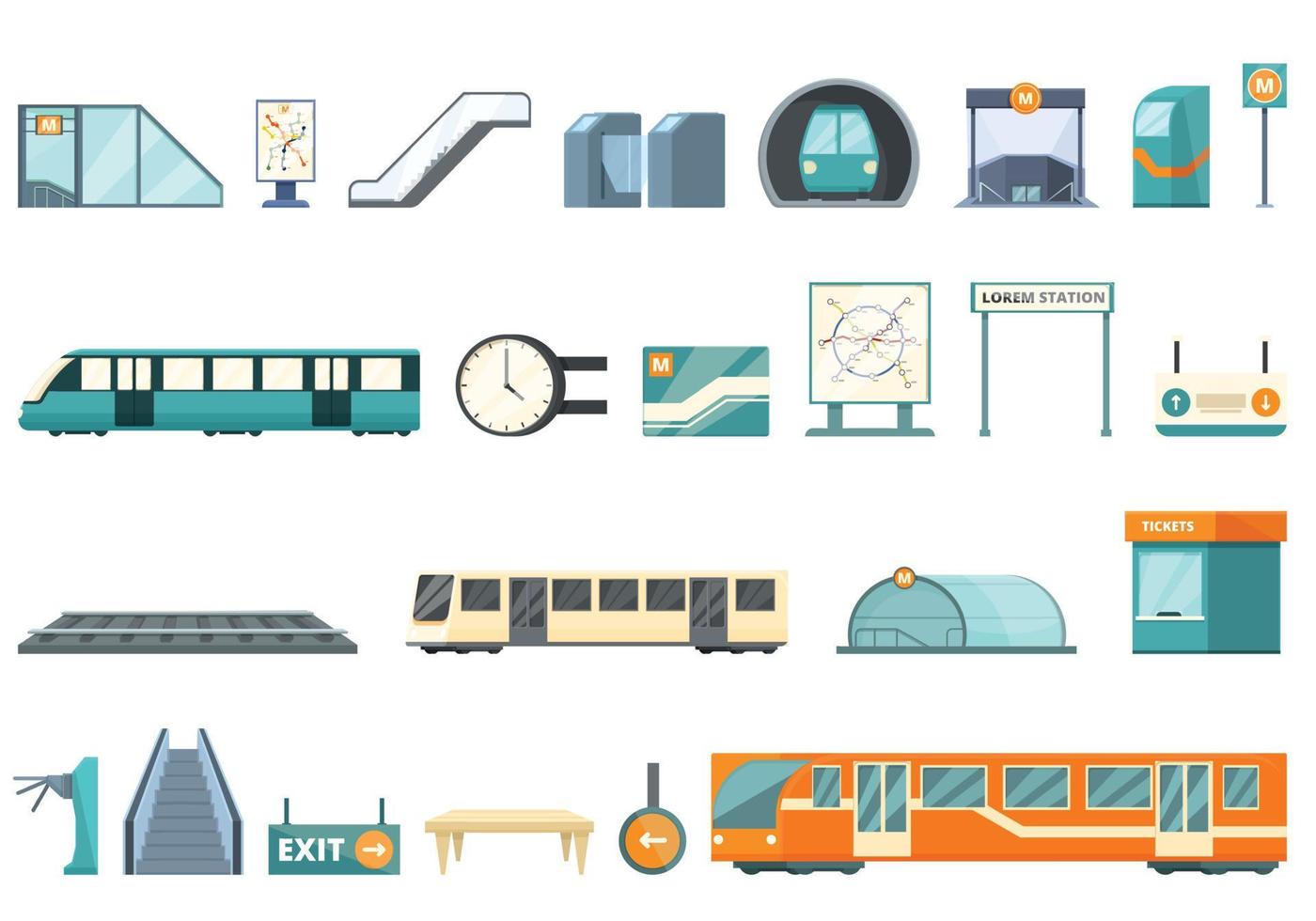 tunnelbana station ikoner uppsättning tecknad serie vektor. tåg nav vektor
