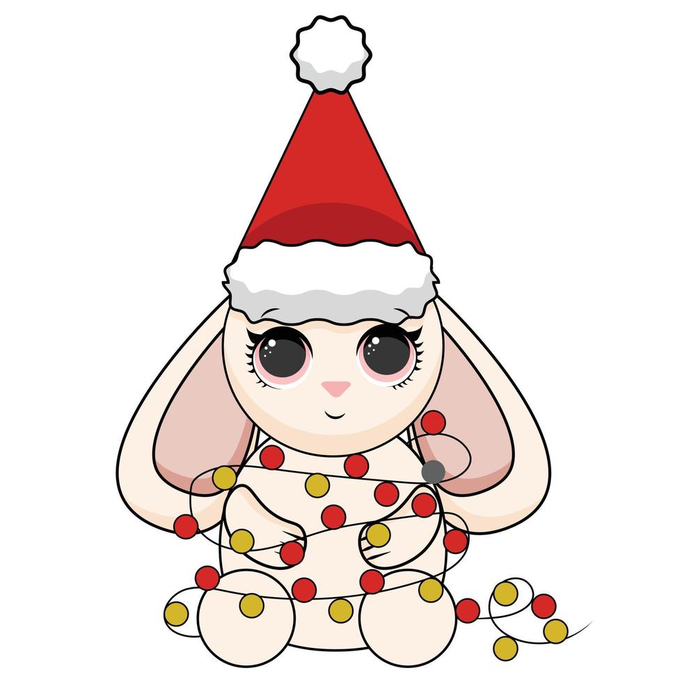 glad jul och Lycklig ny år med söt liten kanin santa claus röd hatt, godis sockerrör, gåva låda och jul träd. säsongens hälsningar kort. vektor tecknad serie illustration