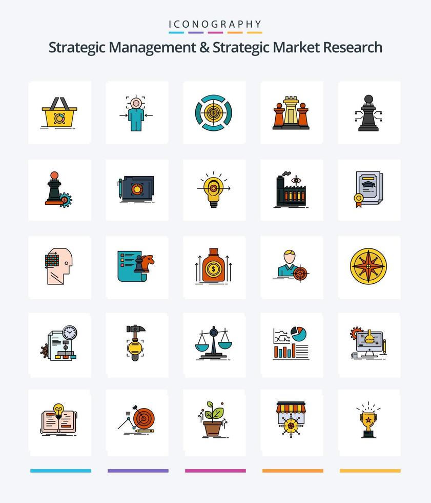 kreativ strategisk förvaltning och strategisk marknadsföra forskning 25 linje fylld ikon packa sådan som teknologi. strategi. mål. dator. dollar vektor