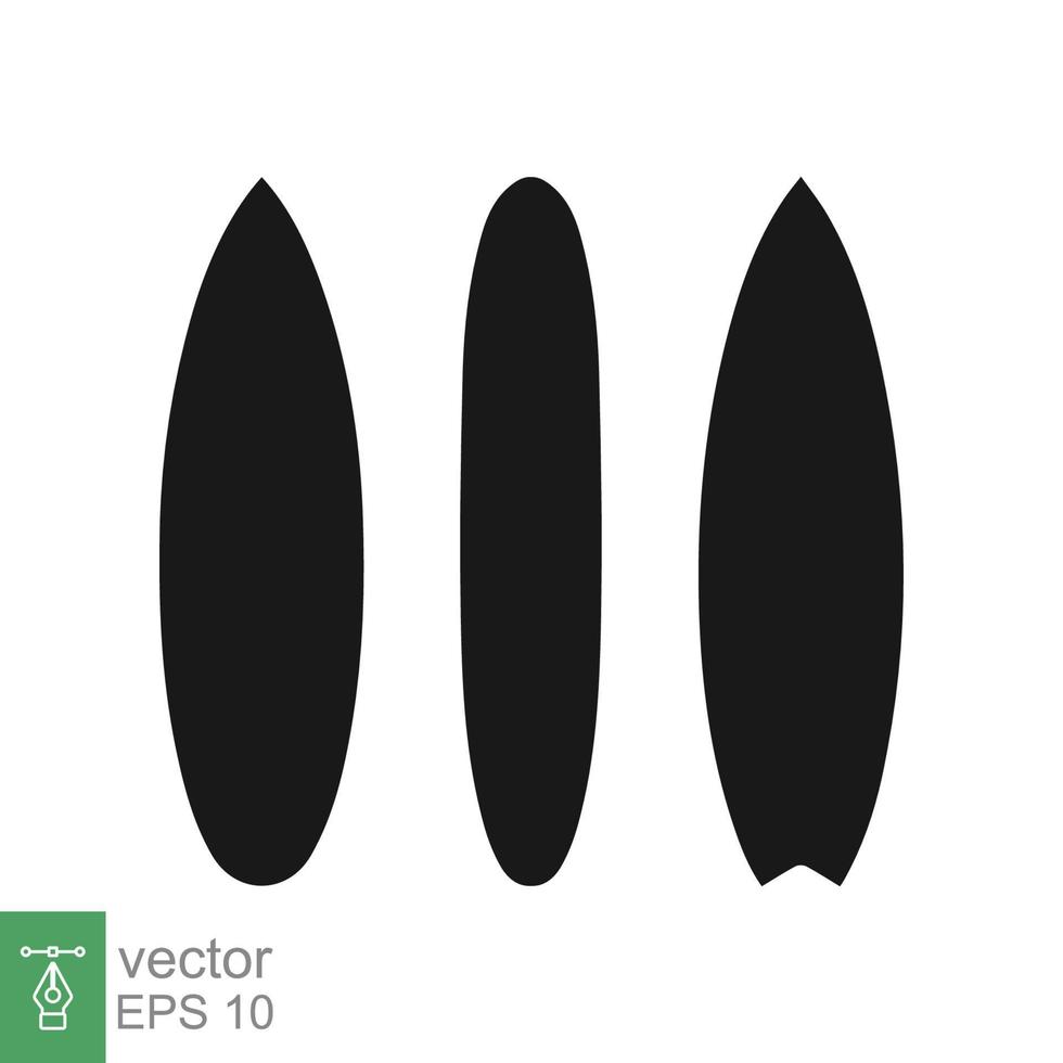 Surfbrett-Icon-Set. schwarze Silhouette eines langen Surfbretts, flacher Stil. longboard, surfer, tropisch, strand, sommer, sportkonzept. solide, Glyphenvektorillustration isoliert auf weißem Hintergrund. Folge 10. vektor