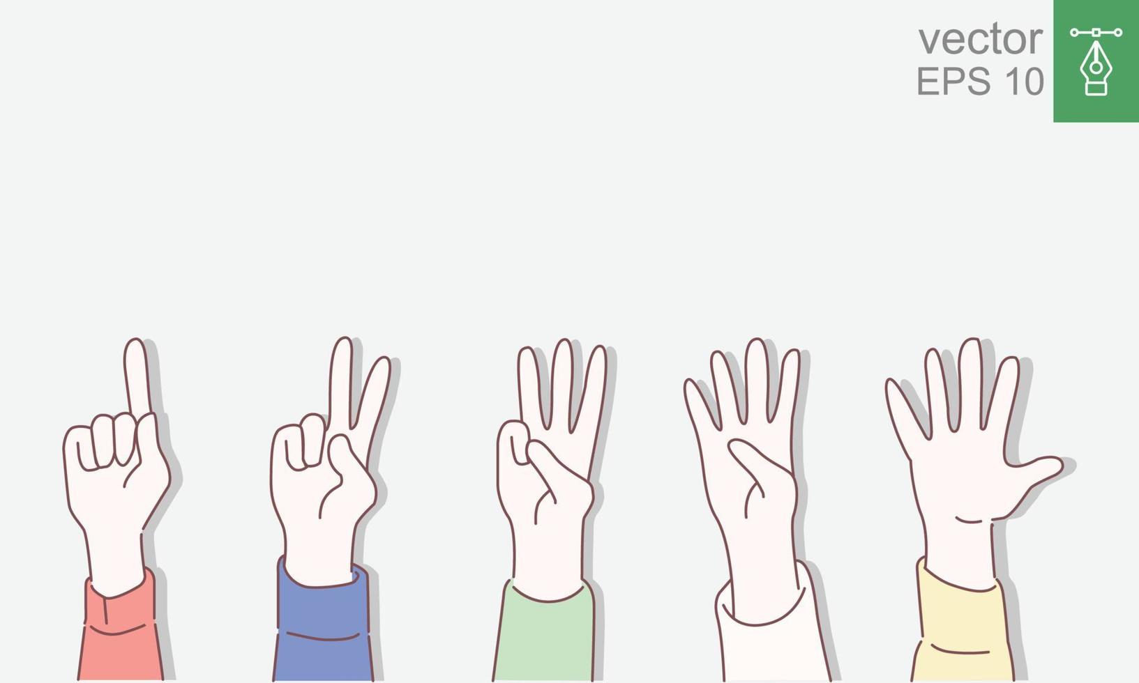satz zum zählen von handzeichen von eins bis fünf. Kommunikationsgesten-Konzept. Vektorillustration lokalisiert auf flachem Design des bunten Hintergrundes mit Entwurf, dünne Linie. Folge 10. vektor