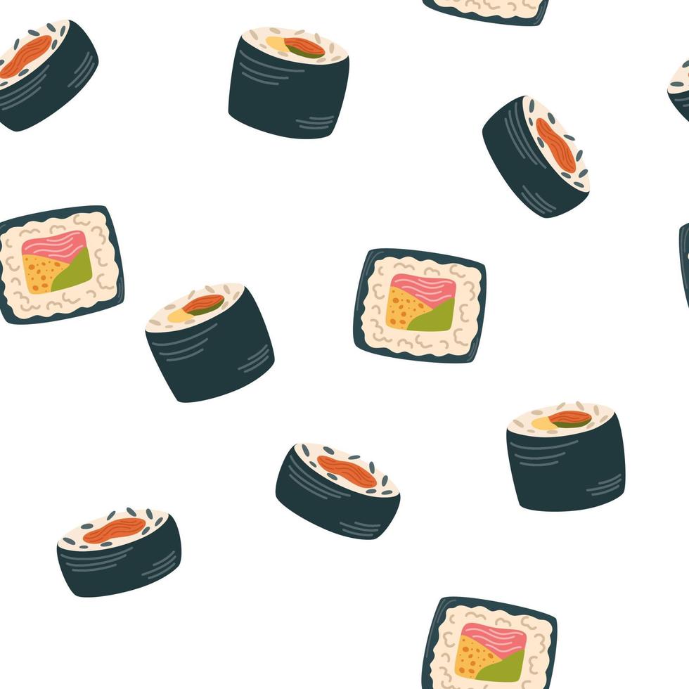 sushi sömlös mönster. asiatisk mat bakgrund. perfekt för restaurang Kafé och skriva ut menyer. vektor hand dra tecknad serie illustration.