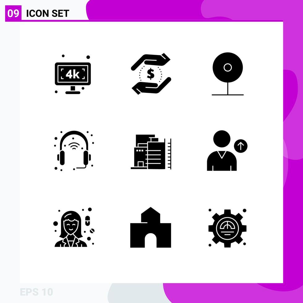 Packung mit 9 kreativen soliden Glyphen von Set Head Camera Gadget Social Editable Vector Design Elements