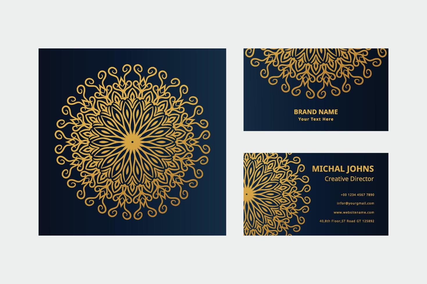 GoldVisitenkarten mit orientalischem Mandala der Blume pro vektor