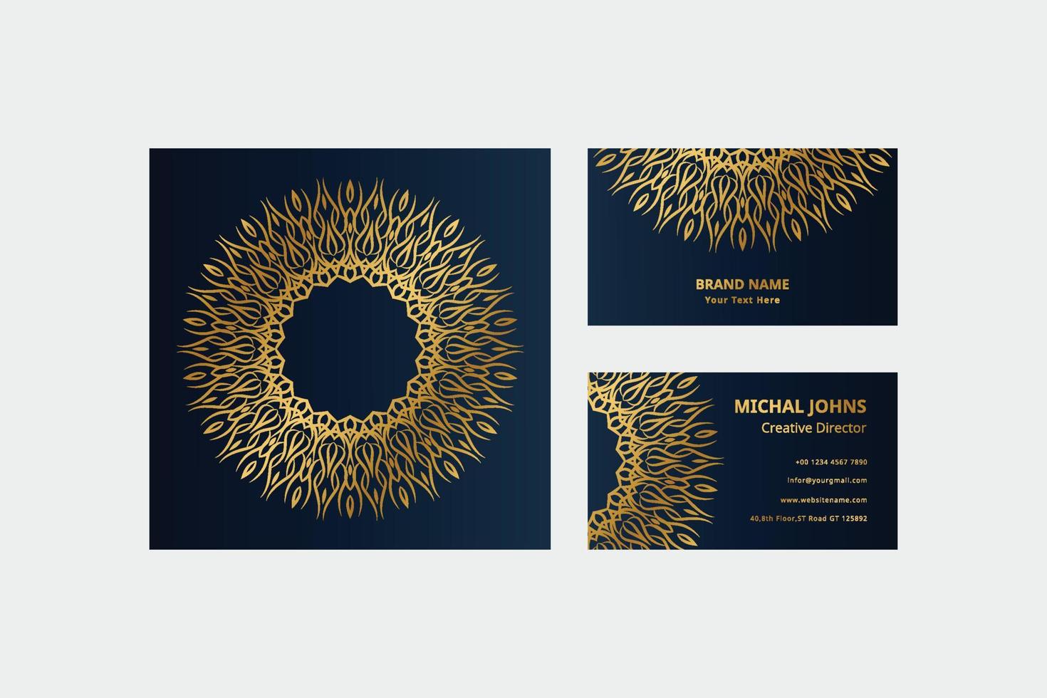 GoldVisitenkarten mit orientalischem Mandala der Blume pro vektor