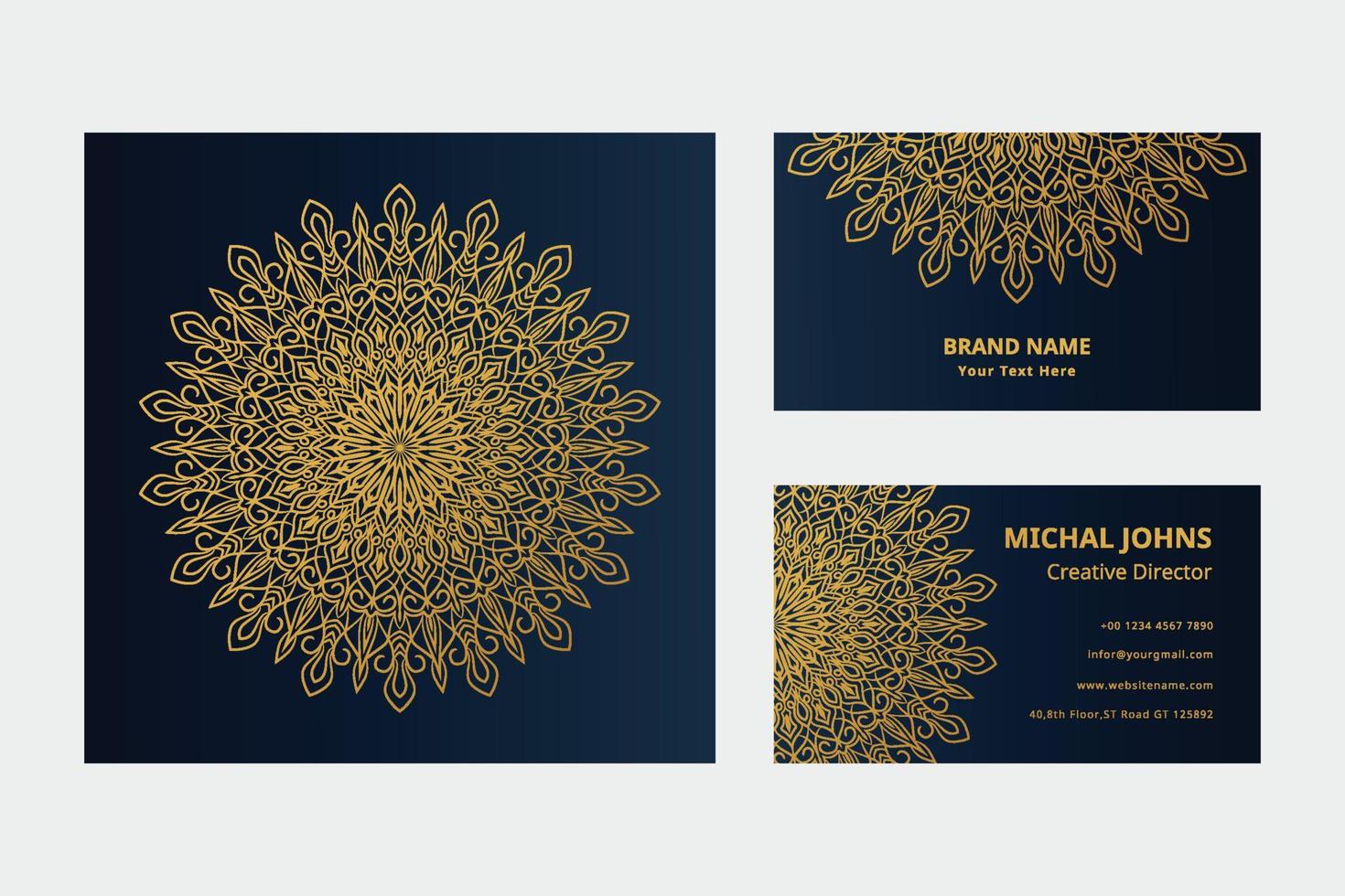 GoldVisitenkarten mit orientalischem Mandala der Blume pro vektor