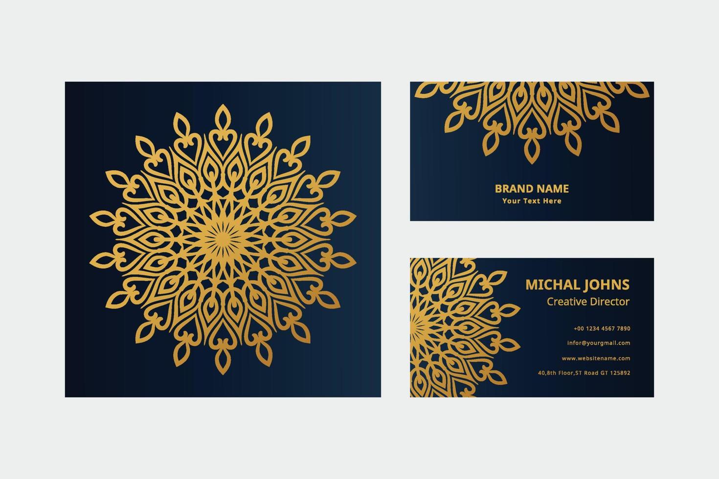 GoldVisitenkarten mit orientalischem Mandala der Blume pro vektor