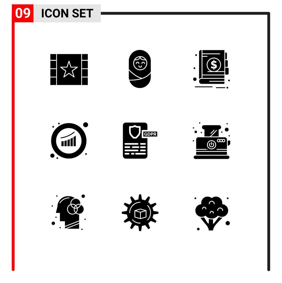 Benutzeroberflächenpaket mit 9 grundlegenden soliden Glyphen von Designstatistiken Wirtschaft Umsatzwachstum editierbare Vektordesignelemente vektor