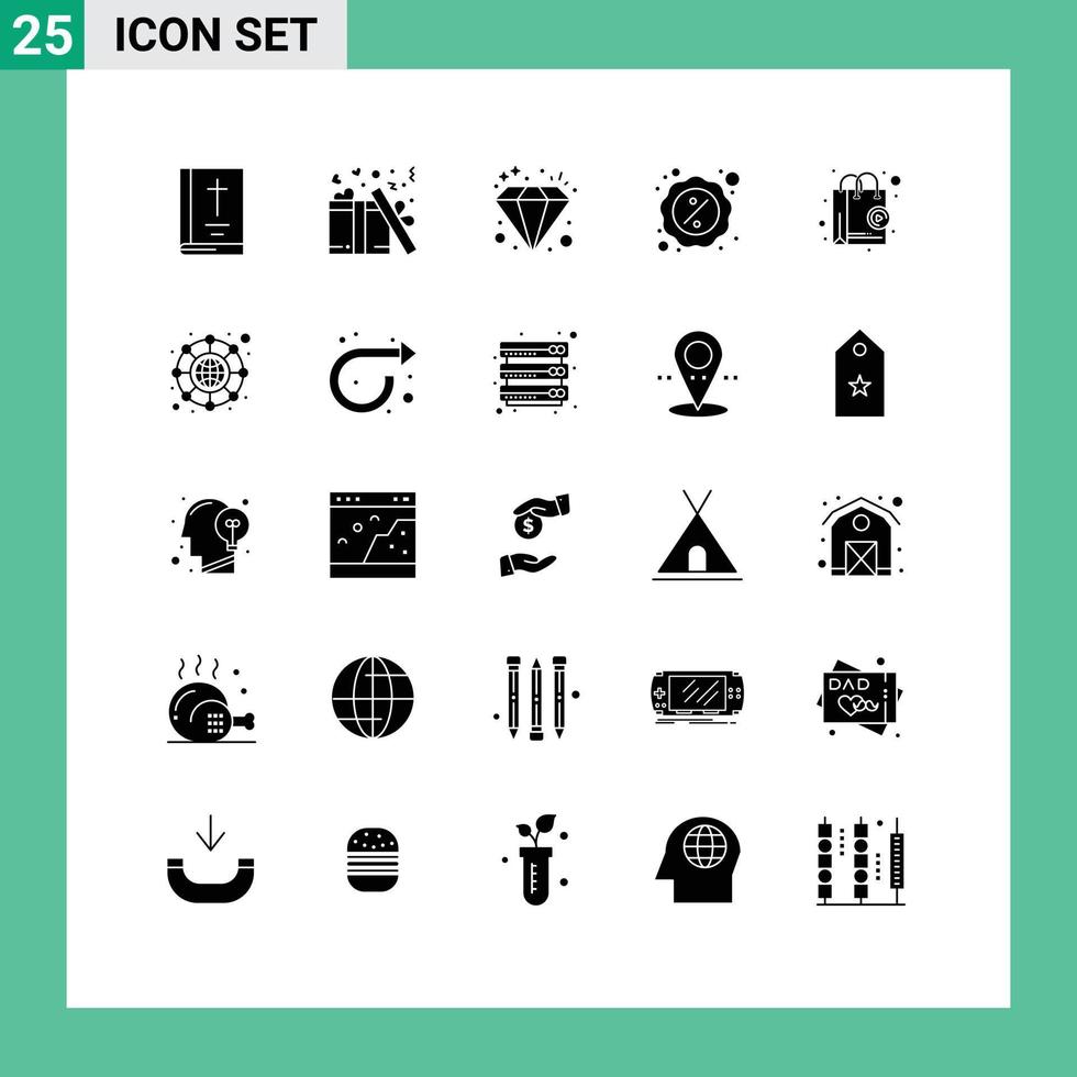 25 fast glyf begrepp för webbplatser mobil och appar affär app innehav diamant cyber rabatt redigerbar vektor design element