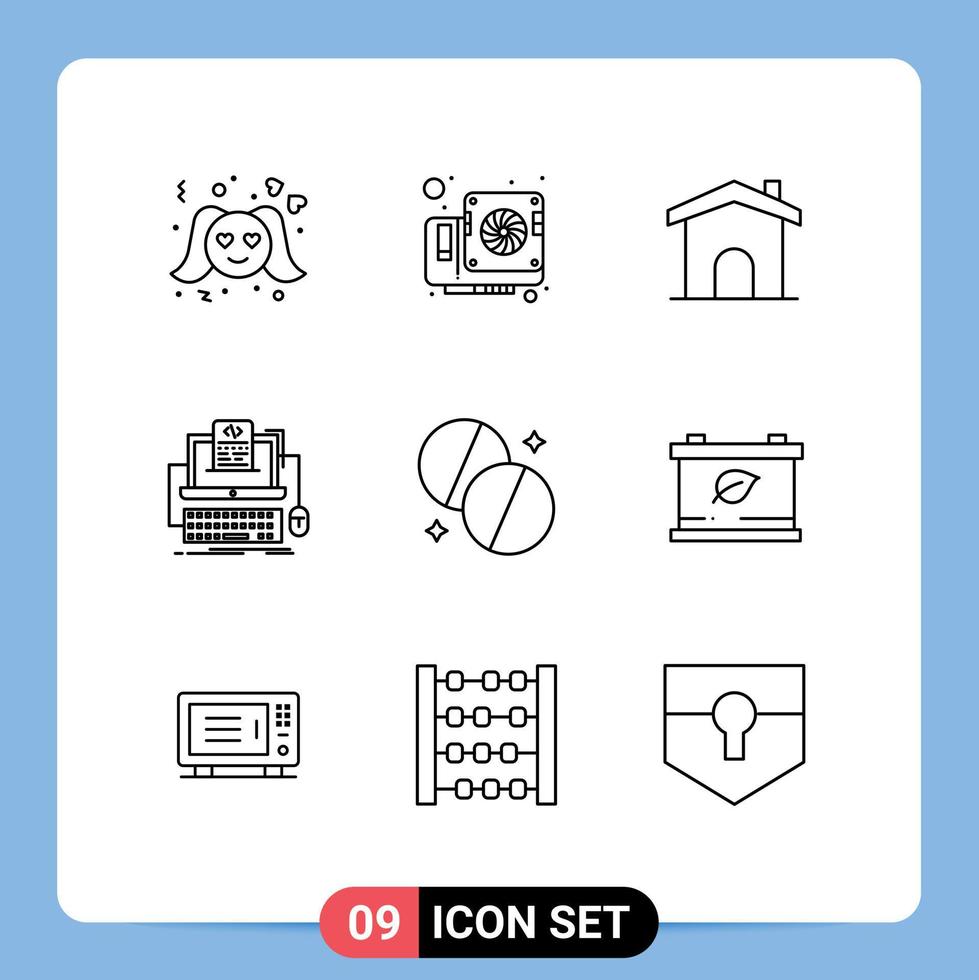 Stock Vector Icon Pack mit 9 Zeilenzeichen und Symbolen für Antibiotika-Monoblock-Gebäude Computercode editierbare Vektordesign-Elemente