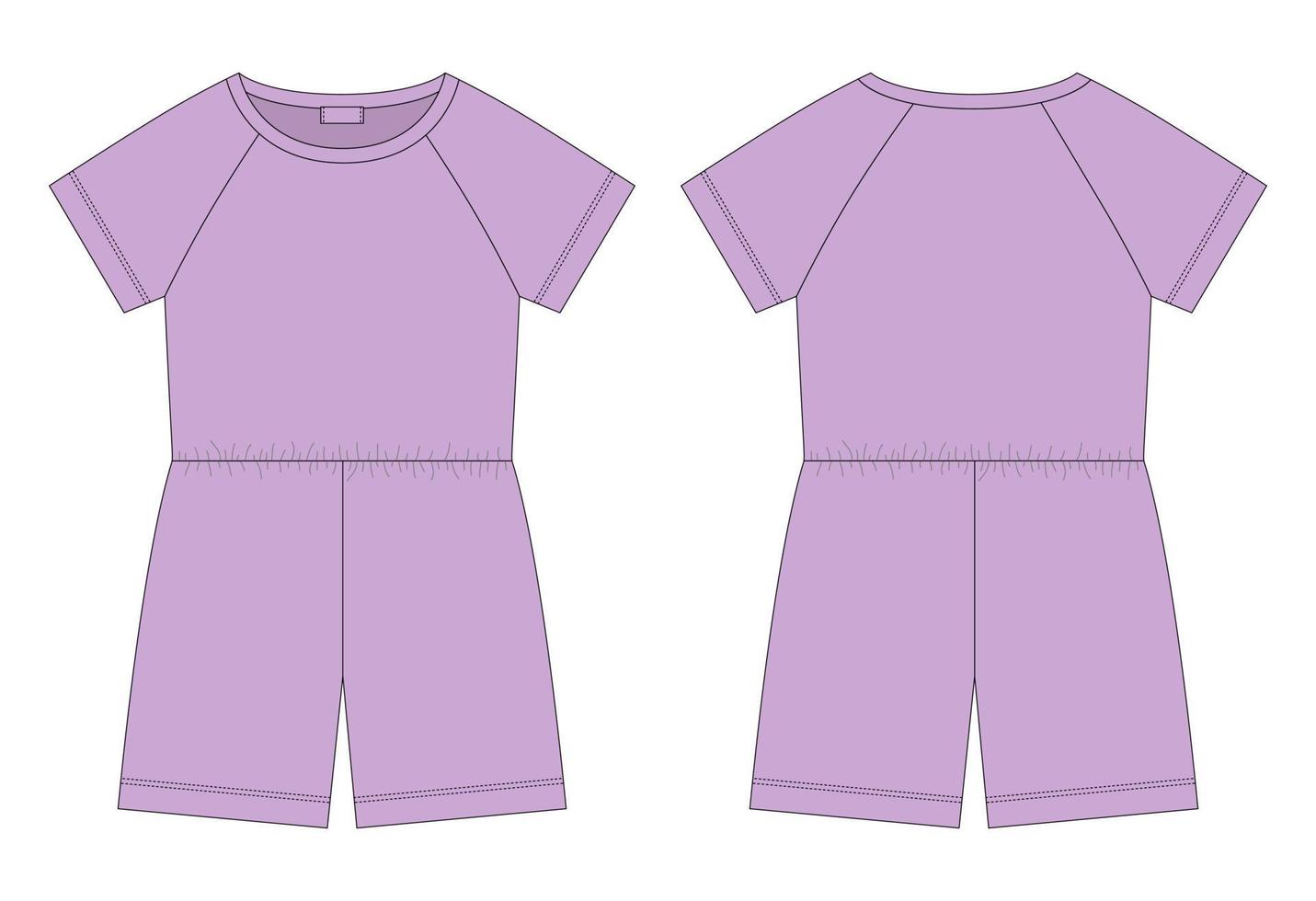 technische skizze des übergroßen raglanoveralls aus baumwolle. pastellviolette Farbe. Entwurfsvorlage für Damen-Strampler vektor
