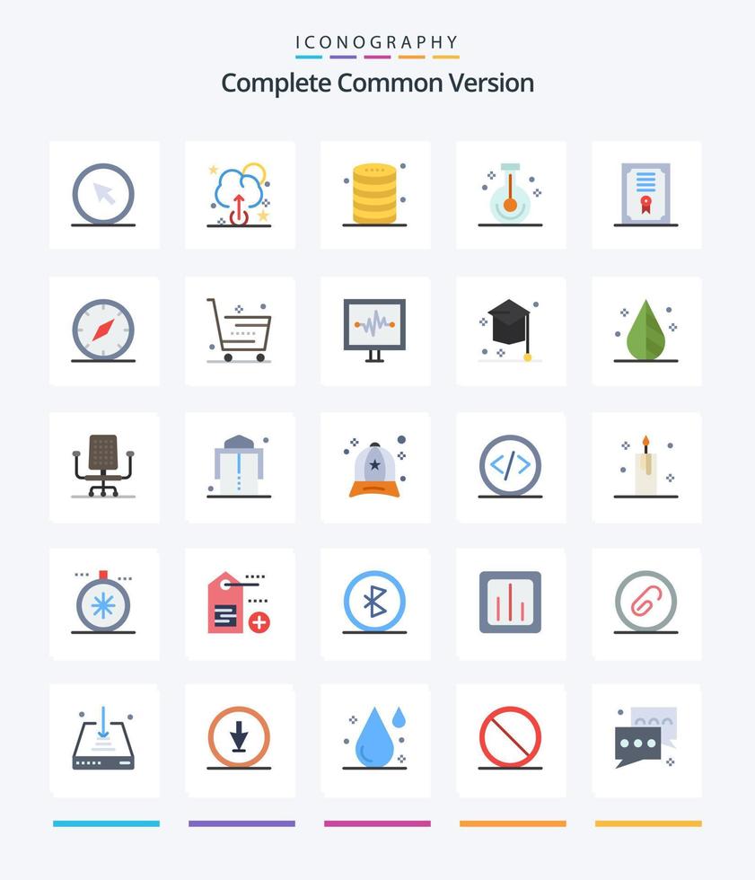 Creative Complete Common Version 25 Flat Icon Pack wie Zertifikat. Forschung. Daten. Labor. Becherglas vektor