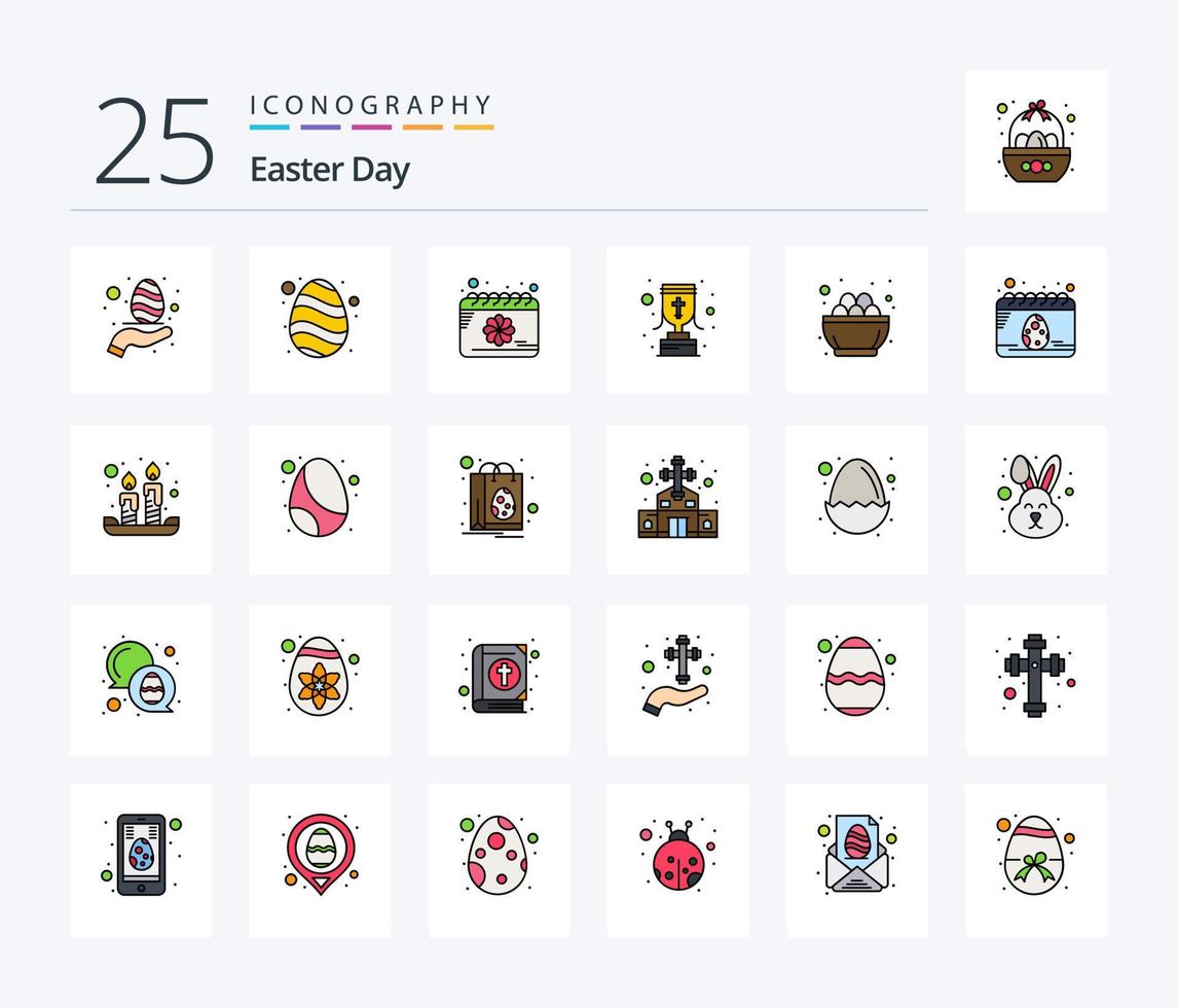 Ostern 25 Zeilen gefülltes Icon Pack inklusive Feier. christliches kreuz. Kalender. belohnen. Tasse vektor