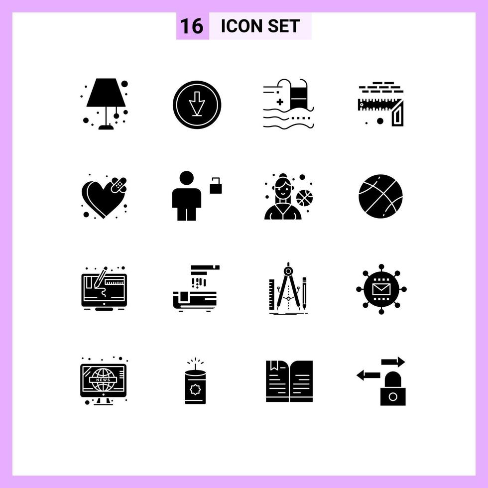 Stock Vector Icon Pack mit 16 Linienzeichen und Symbolen für Größe, Höhe, Zeiger, Messung, Schwimmen, editierbare Vektordesign-Elemente