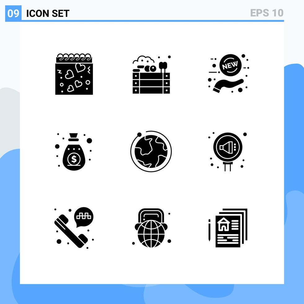 9 universell fast glyfer uppsättning för webb och mobil tillämpningar värld sponsor ny högtalare inkomst redigerbar vektor design element