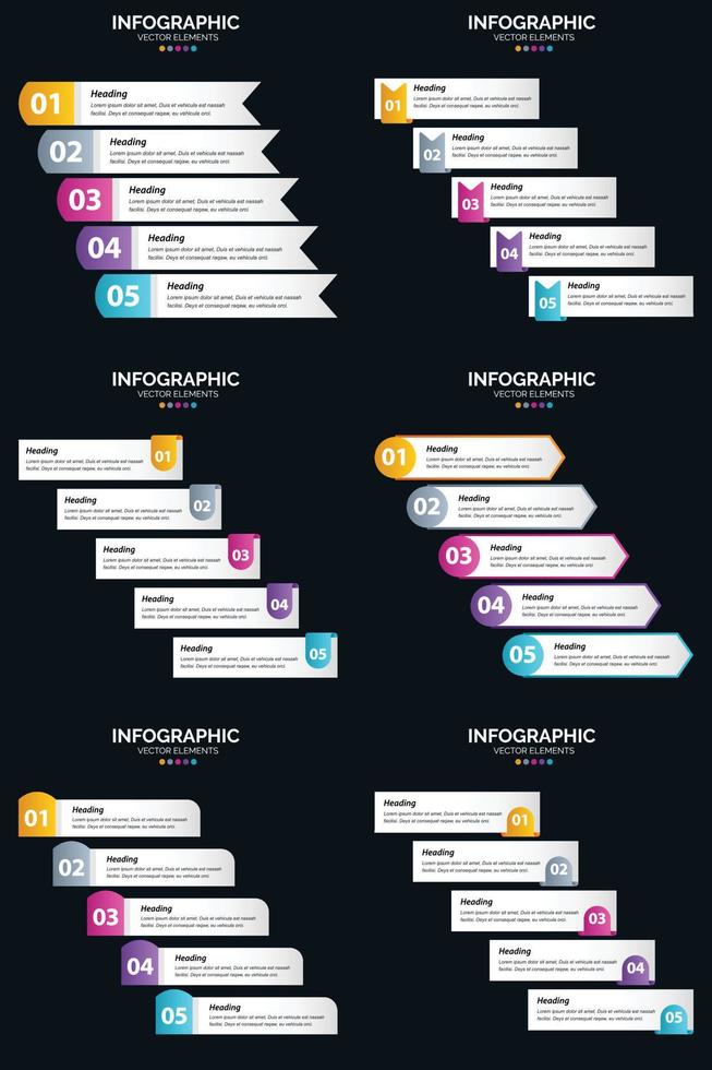 Vektor 6 Infografiken Pack Präsentationsfolie Vorlage 5 Schritte Zyklusdiagramme und Zeitleisten