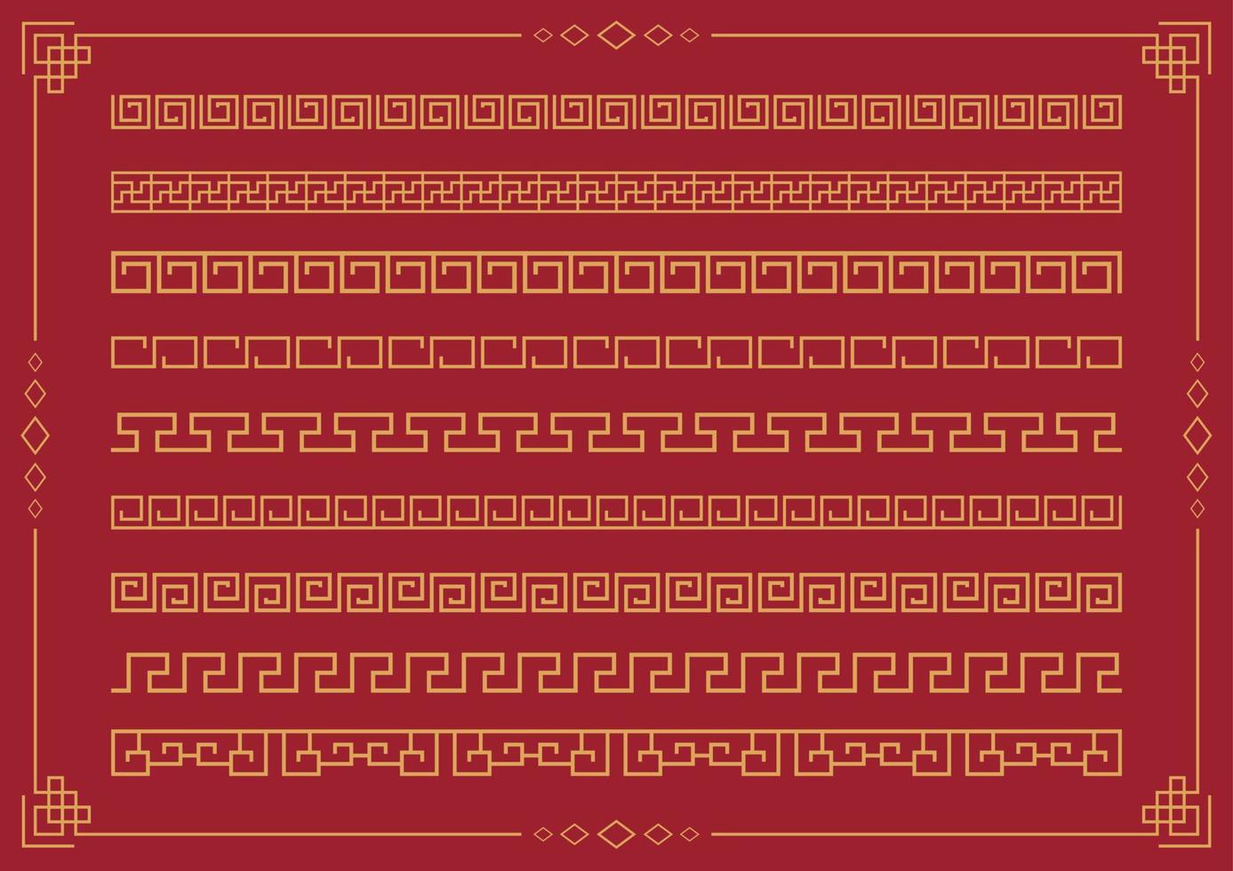 uppsättning samling vektor gräns spole linje mönster av symbol element orientalisk prydnad design traditionell. de kinesisk ny år 2023 festival asiatisk stil dekoration ram mall gyllene på röd bakgrund
