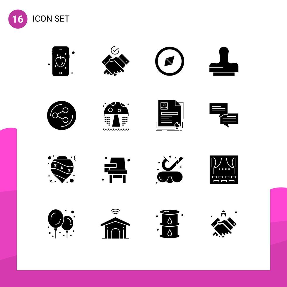 uppsättning av 16 kommersiell fast glyfer packa för svamp vatten symbol social dela med sig redigerbar vektor design element