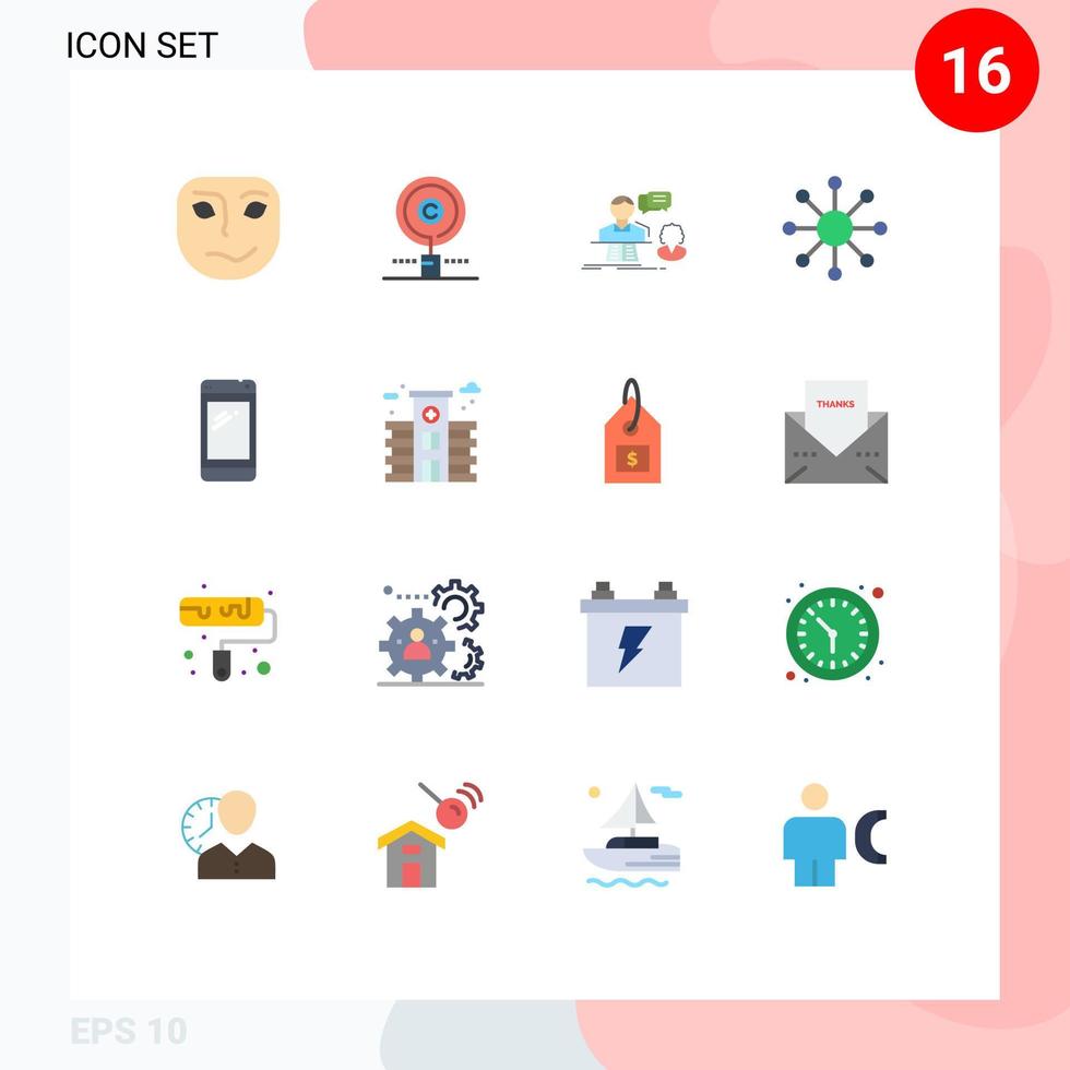 moderner Satz von 16 flachen Farben Piktogramm des Telefonneuronen-Eigentumsnetzwerks Kontakt editierbares Paket kreativer Vektordesignelemente vektor