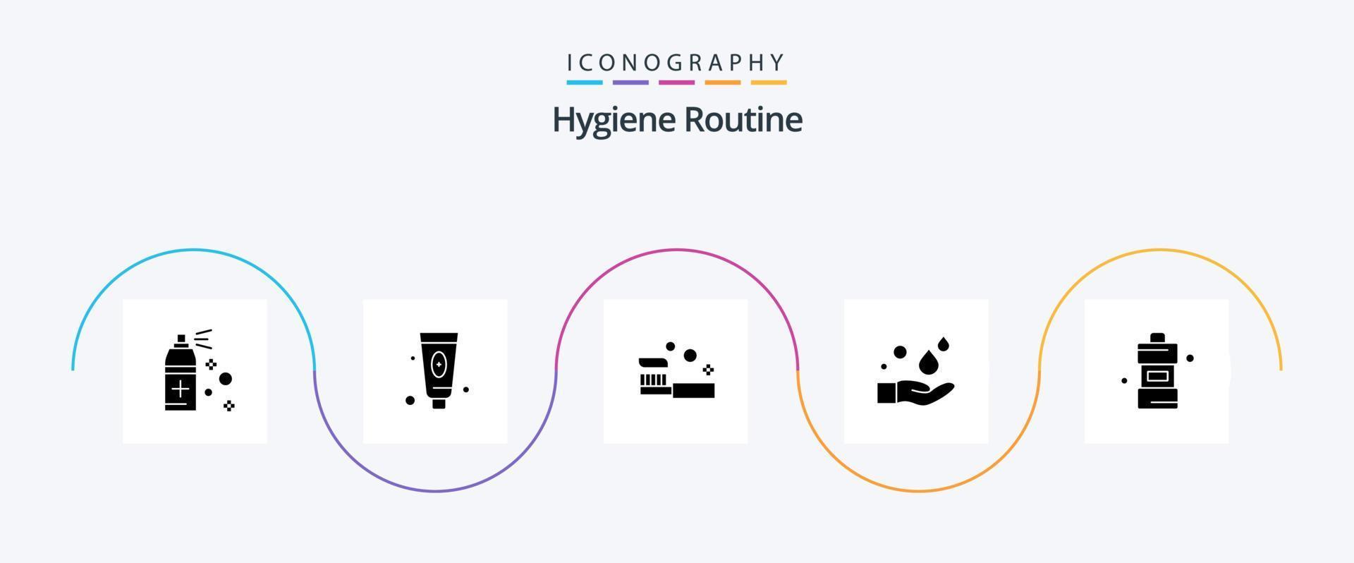 hygien rutin- glyf 5 ikon packa Inklusive rengöringsmedel. tvätta. badrum. tvål. rengöring vektor