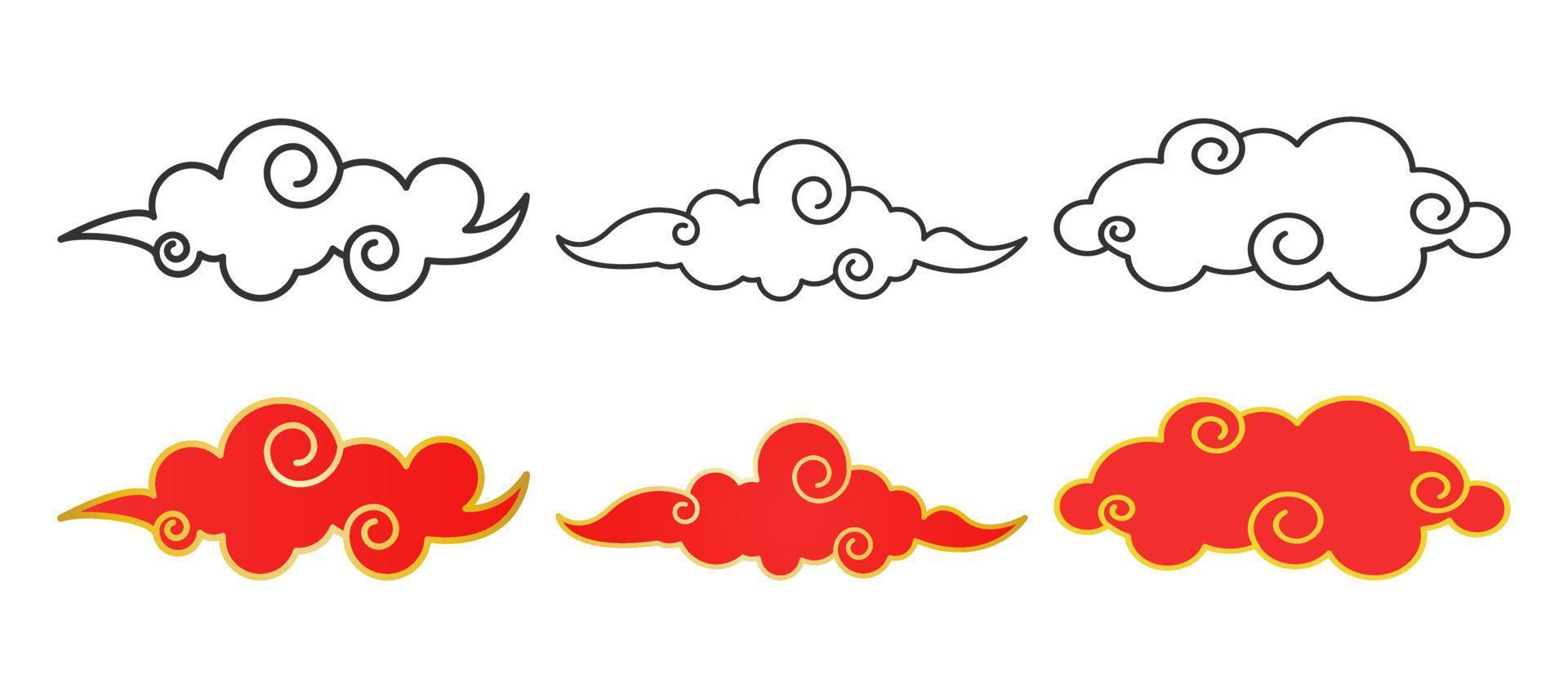 handgezeichnete traditionelle chinesische wolken. Sammlung von roten und umrissenen Wolken. dekoratives element des neuen mondjahres. vektor