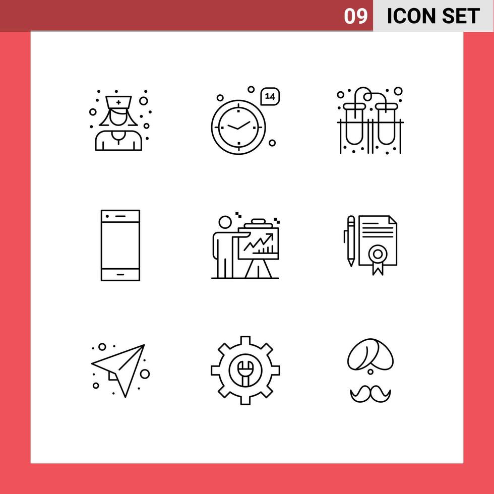 Stock Vector Icon Pack mit 9 Zeilen Zeichen und Symbolen für Business Smartphone Laborring Kontakt editierbare Vektordesign-Elemente