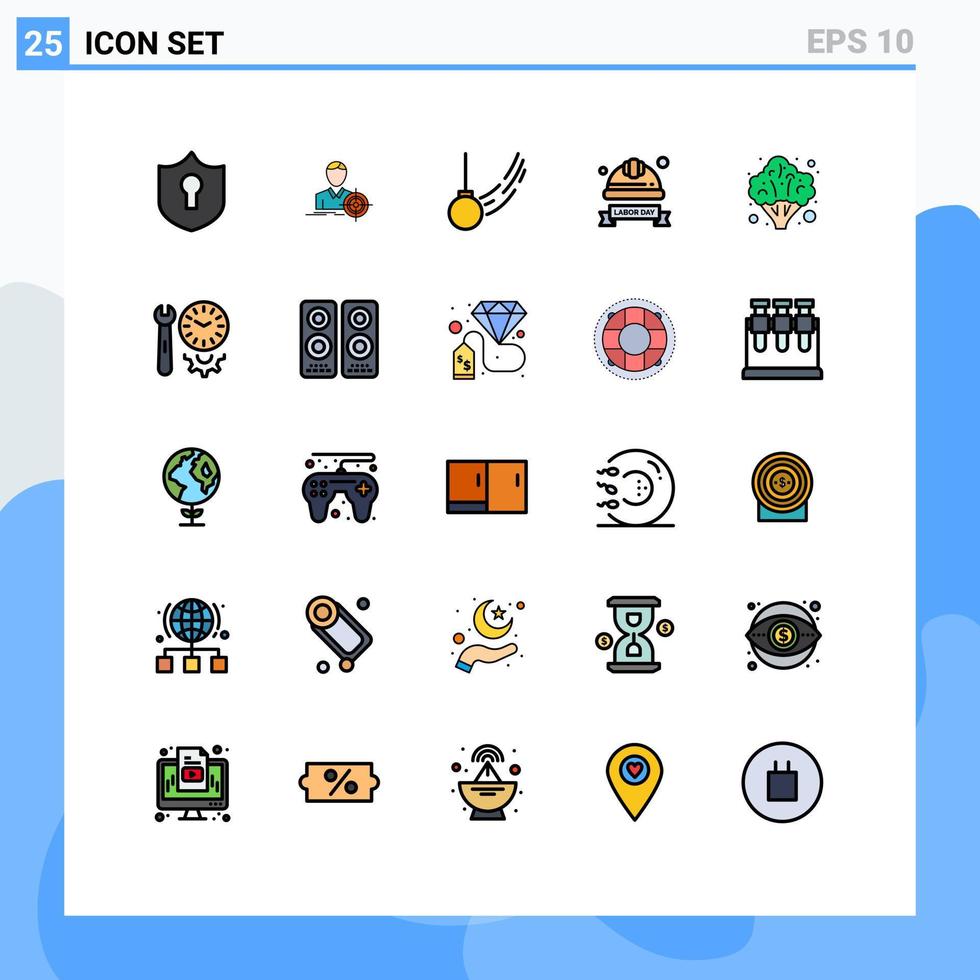 25 universell fylld linje platt färger uppsättning för webb och mobil tillämpningar broccoli hjälm gunga hård hatt keps redigerbar vektor design element