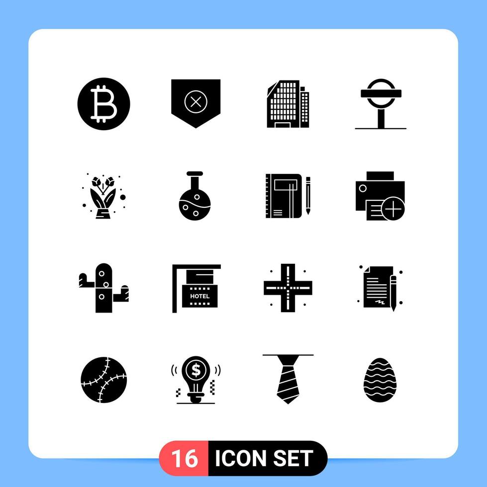 uppsättning av 16 vektor fast glyfer på rutnät för experimentera gåva hus blomma bukett tecken redigerbar vektor design element